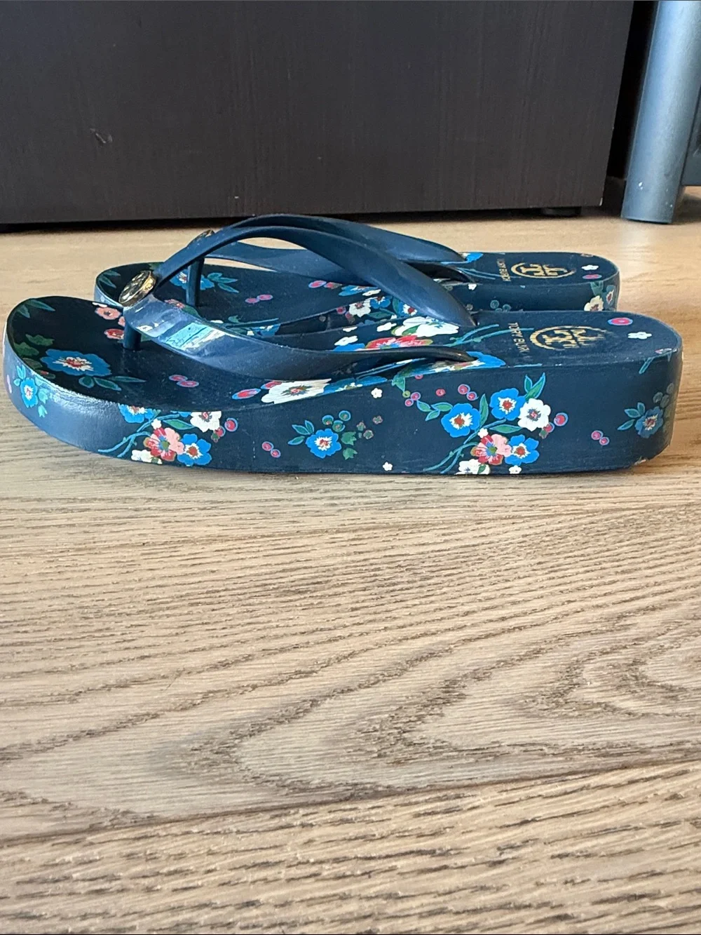 Tory Burch Navy Floral Flip Flop Sandals
